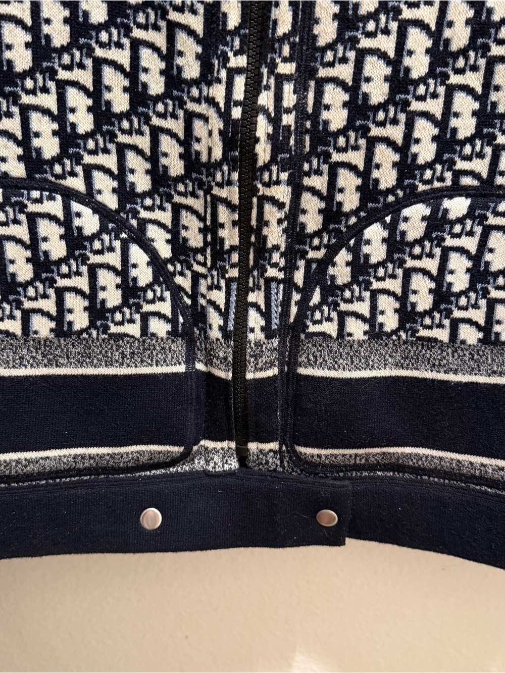 Navy & Cream Monogram Cropped Knit Zip Jacket – Designer Inspired - Picture 3 of 8